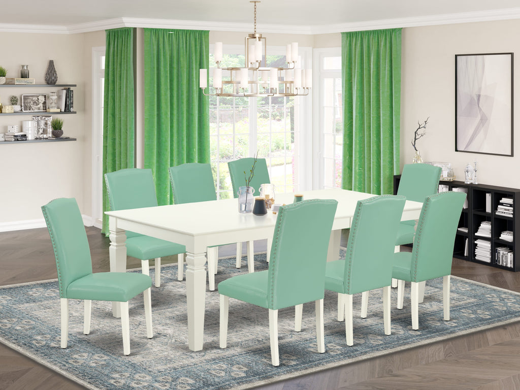 LGEN9-6RM-9V Chic 9-Piece Ensemble Expandable Dining Table & 8 Elegant Faux Leather Chairs, White Finish