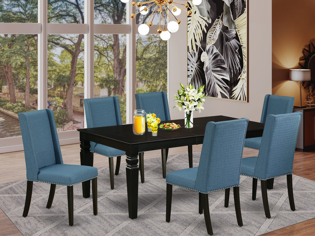 7-Piece Ensemble LGFL7-JBN-4B Spacious Rectangular Dining Table with Extendable Leaf and 6 Stylish Blue Upholstered Chairs, 42x84 Inches