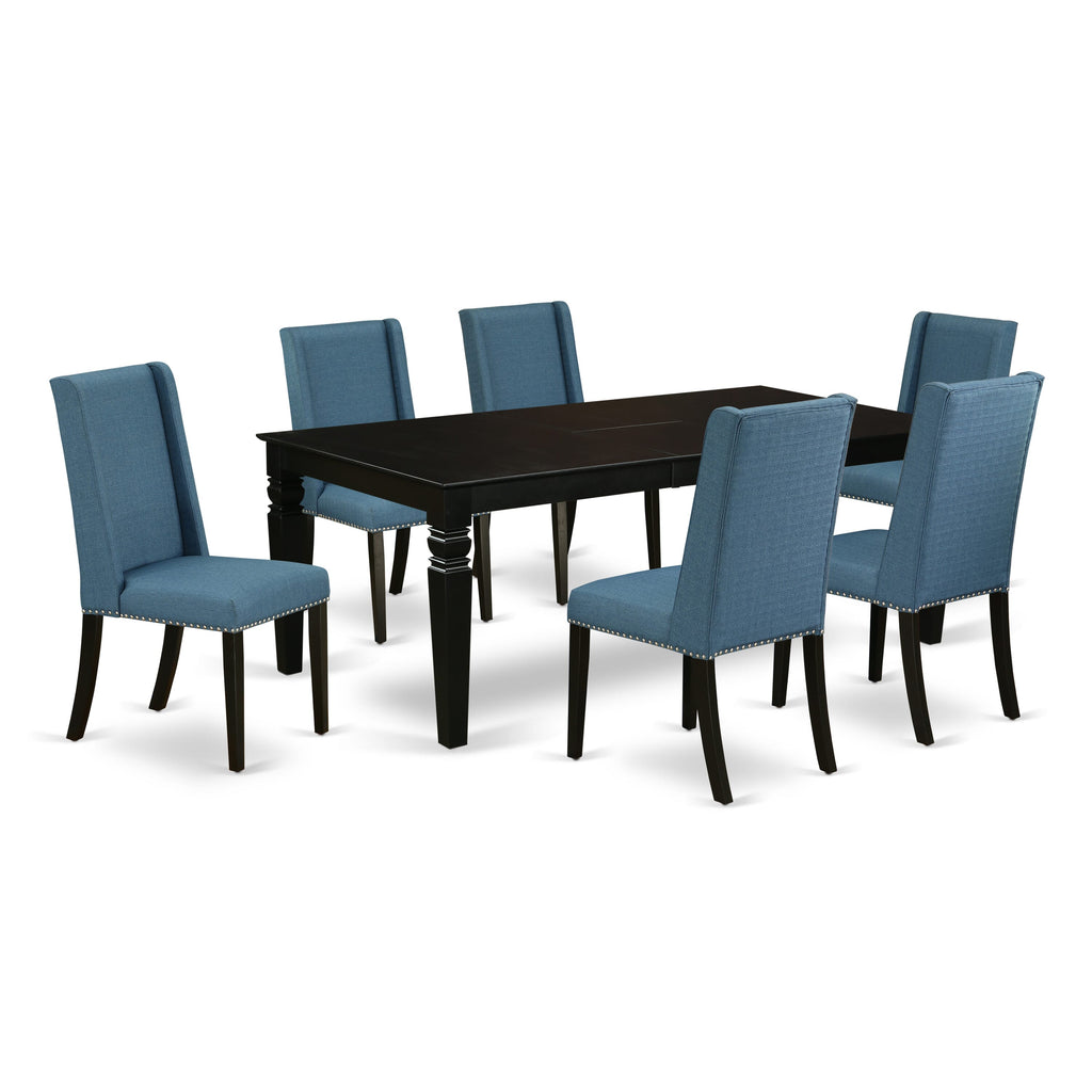 7-Piece Ensemble LGFL7-JBN-4B Spacious Rectangular Dining Table with Extendable Leaf and 6 Stylish Blue Upholstered Chairs, 42x84 Inches