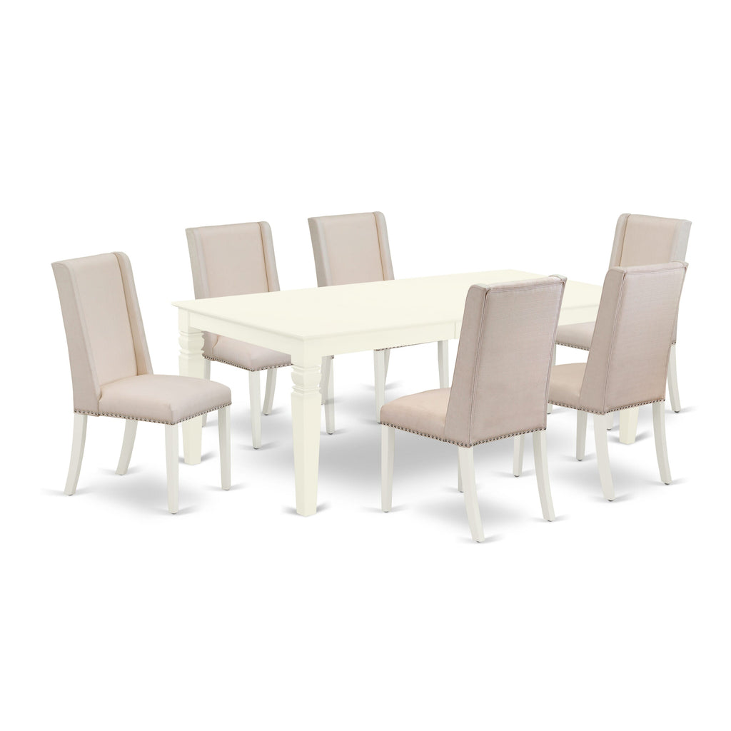 LGFL7-KCF-BT 7-Piece Dining Set with Expandable Table and 6 Upholstered Cream Chairs, Linen White Finish
