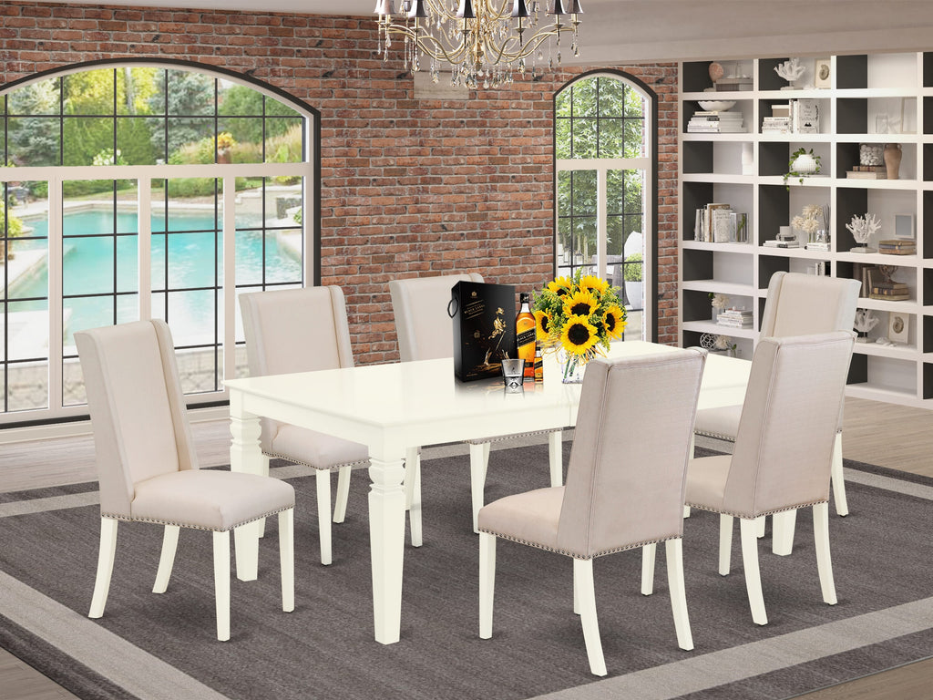 LGFL7-KCF-BT 7-Piece Dining Set with Expandable Table and 6 Upholstered Cream Chairs, Linen White Finish