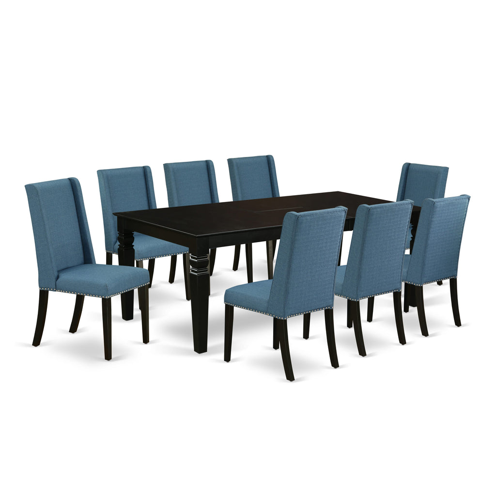 LGFL9-H07-VK 9-Piece Dining Set with Butterfly Leaf Table & 8 Blue Linen Parson Chairs for Cozy Gatherings