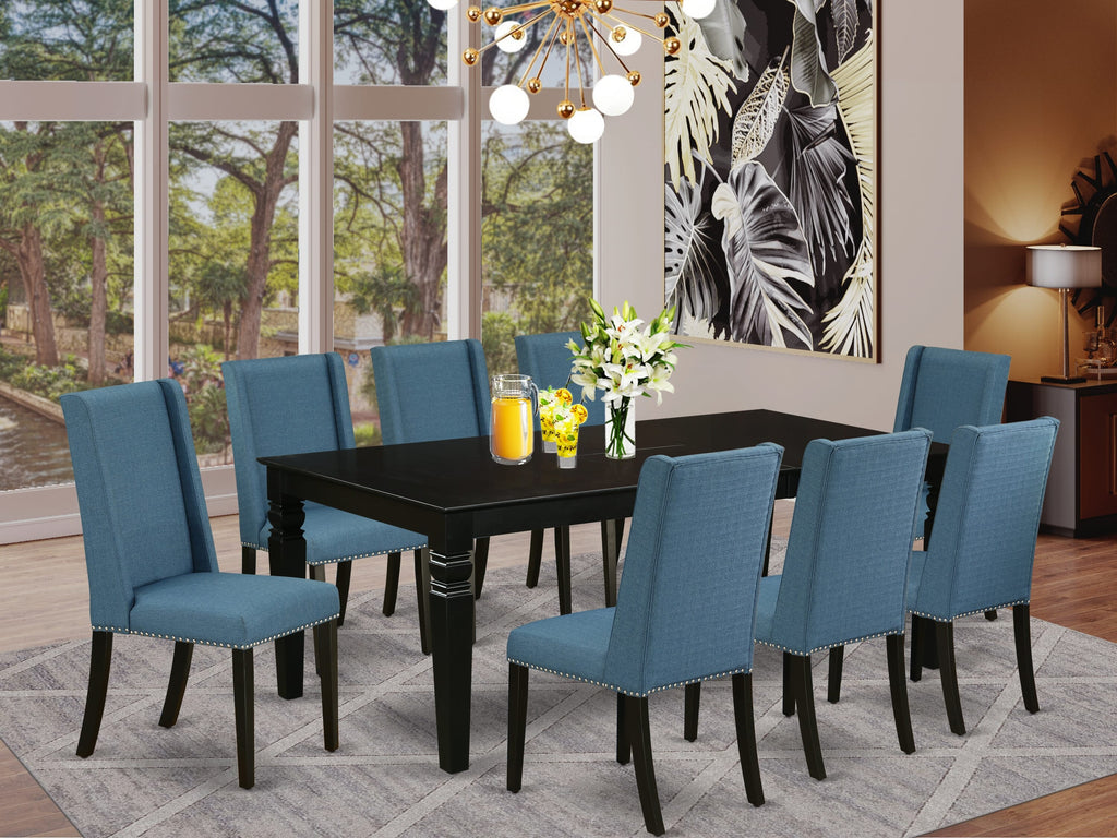 LGFL9-H07-VK 9-Piece Dining Set with Butterfly Leaf Table & 8 Blue Linen Parson Chairs for Cozy Gatherings