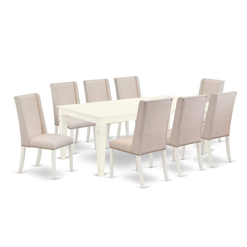 LGFL9-POA-5I Grand 9-Piece Set Rectangle Table & 8 Cream Parson Chairs with Butterfly Leaf, Linen White Finish