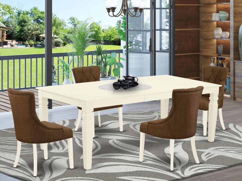 LGFR5-98C-18 Dining Ensemble 5-Piece Set with Rectangle Table & Soft Brown Fabric Chairs, 42x84 Linen White