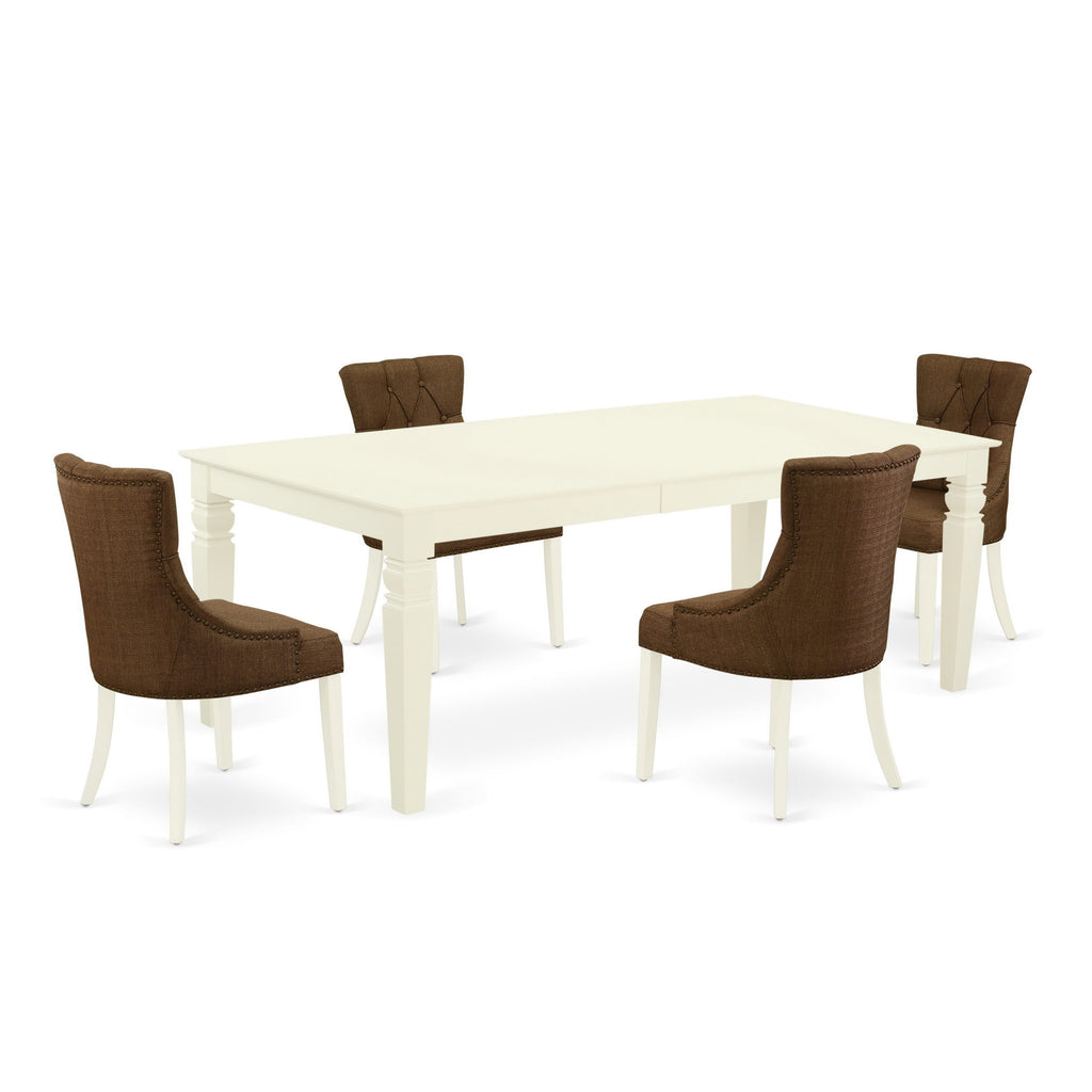 LGFR5-98C-18 Dining Ensemble 5-Piece Set with Rectangle Table & Soft Brown Fabric Chairs, 42x84 Linen White