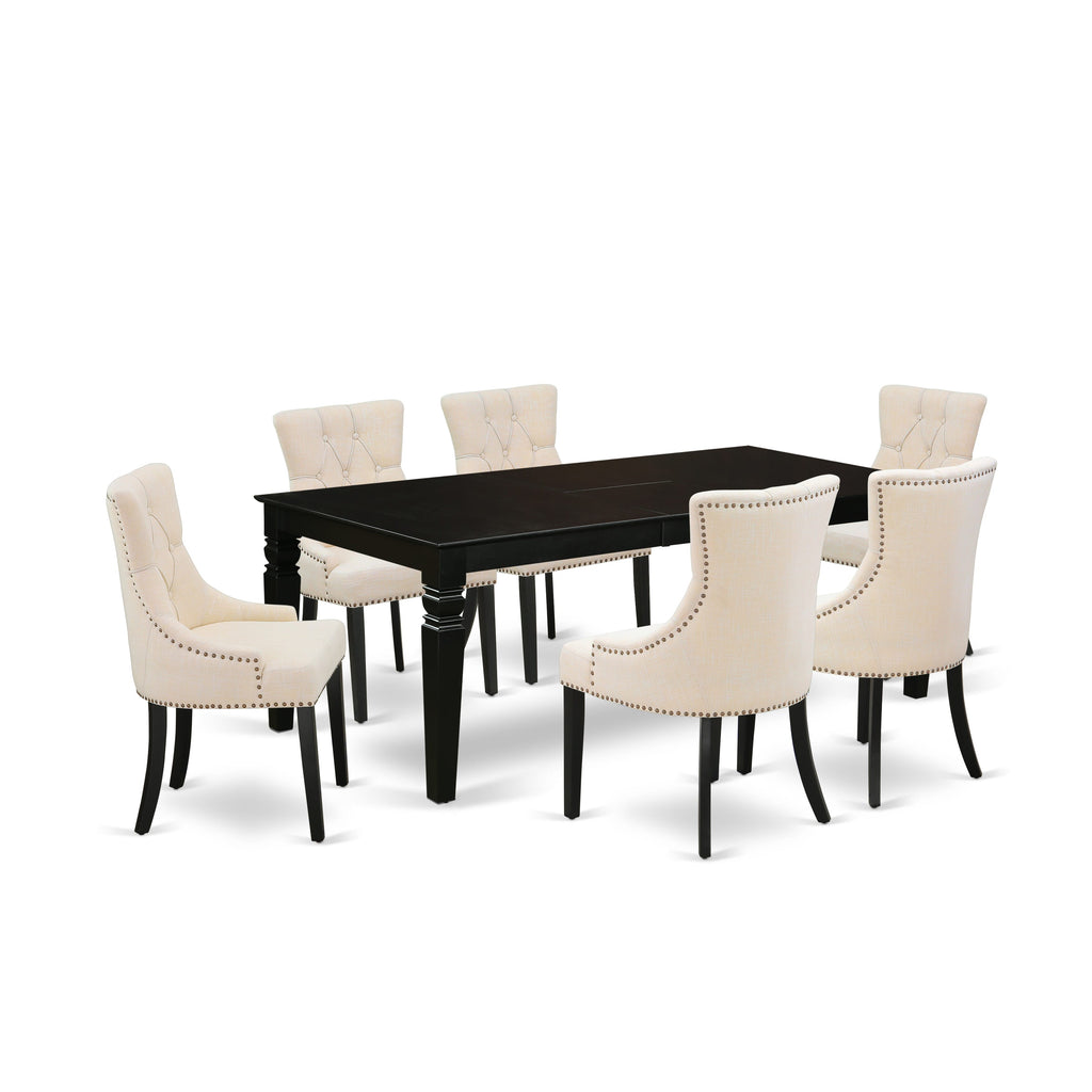 LGFR7-F66-VQ Elegant 7-Piece Dining Ensemble with Butterfly Leaf Table and Upholstered Chairs in Light Beige, 42x84 Inch, Sophisticated Black Finish