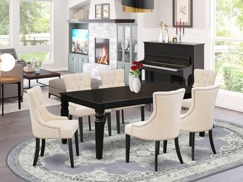 LGFR7-F66-VQ Elegant 7-Piece Dining Ensemble with Butterfly Leaf Table and Upholstered Chairs in Light Beige, 42x84 Inch, Sophisticated Black Finish
