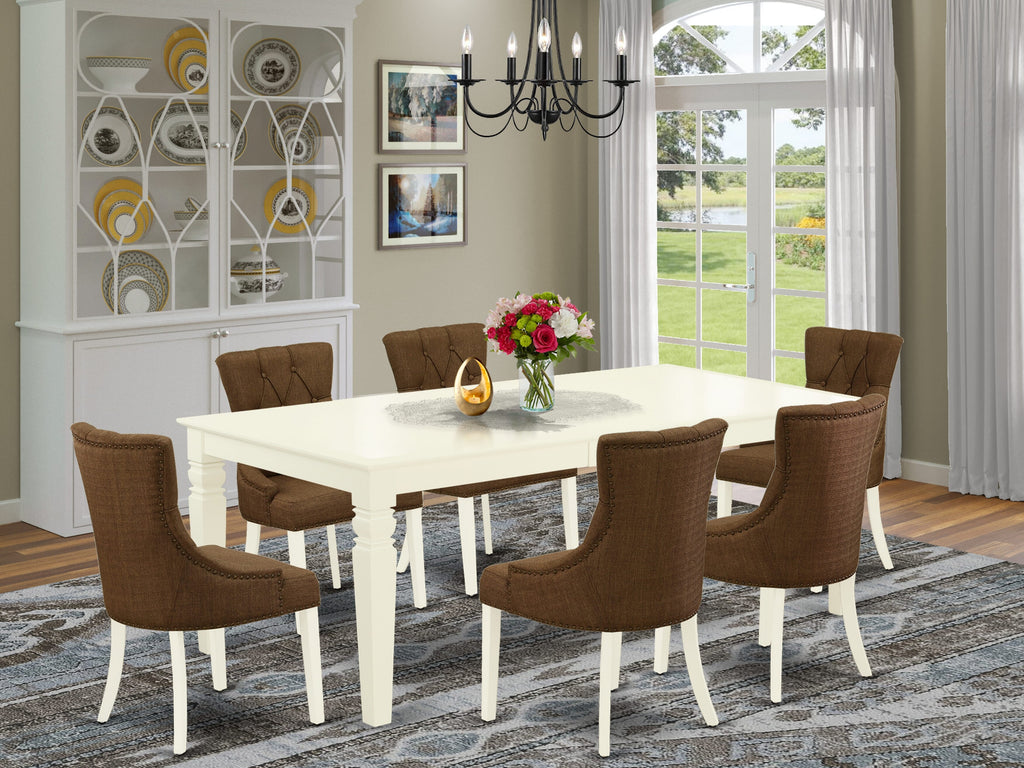 LGFR7-SWM-9T 7-Piece Dining Ensemble with Expandable Table & Six Brown Upholstered Chairs, 42x84, White Finish