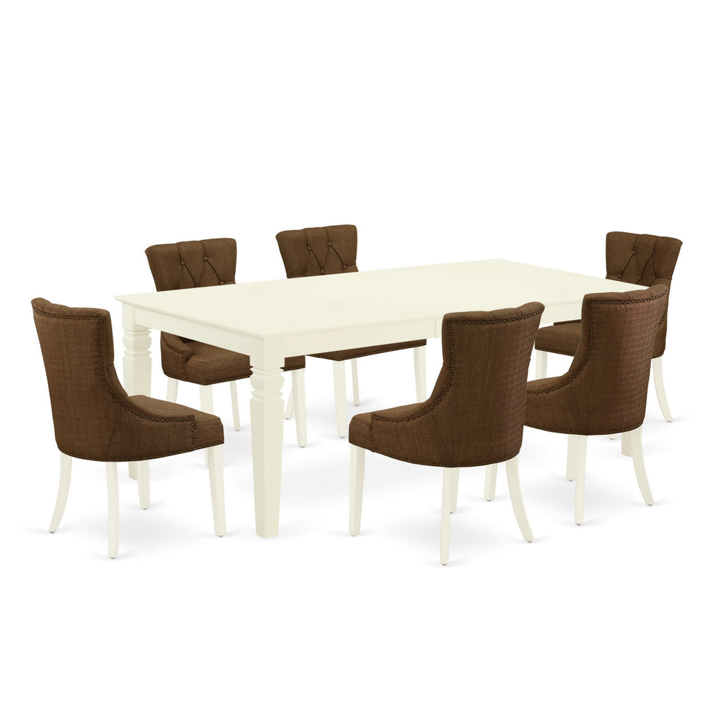 LGFR7-SWM-9T 7-Piece Dining Ensemble with Expandable Table & Six Brown Upholstered Chairs, 42x84, White Finish