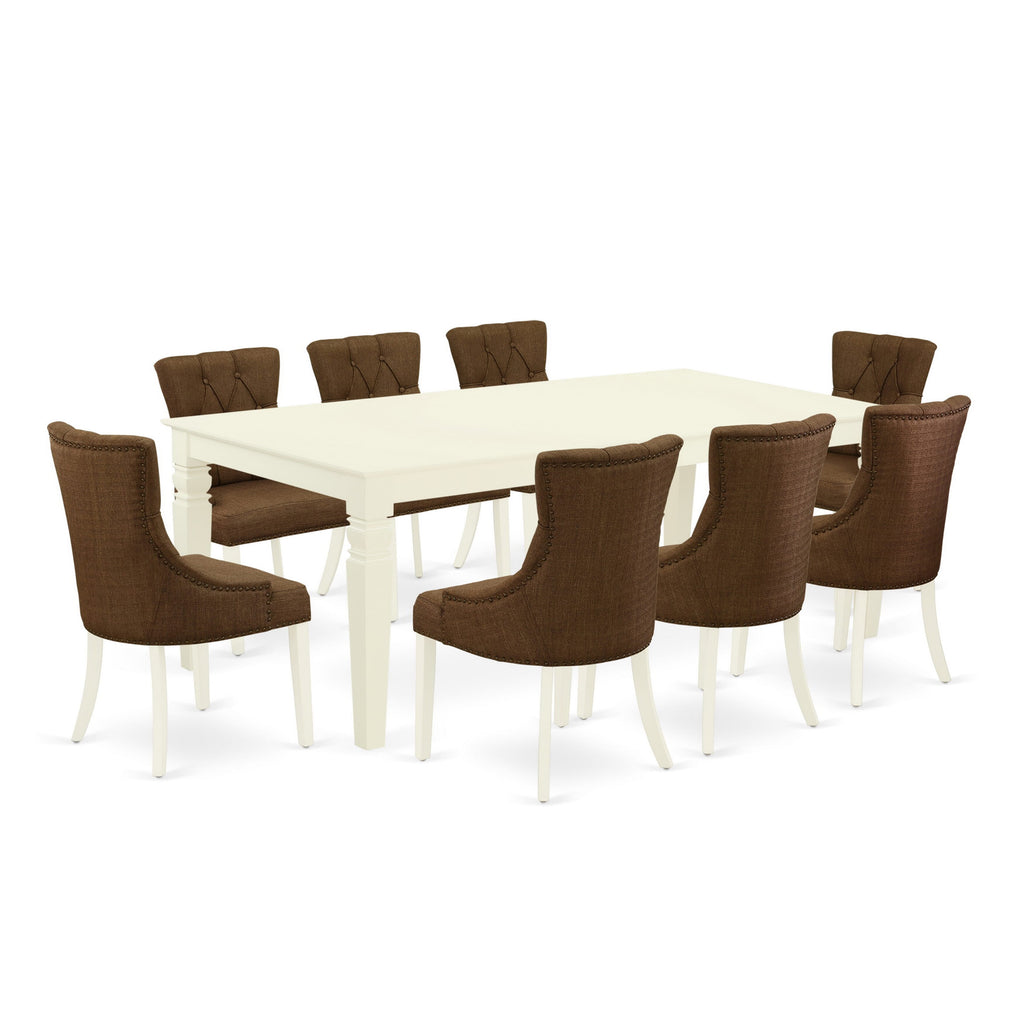 LGFR9-U4S-Y0 Sophisticated 9-Piece Dining Set Rectangle Table with Butterfly Leaf & Brown Parson Chairs, Linen White