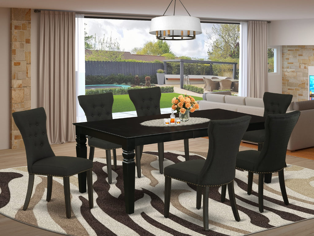 LGGA7-9R4-O5 Elegant 7 Piece Dining Ensemble with Extendable Table & Six Black Cushioned Chairs, 42x84 In.