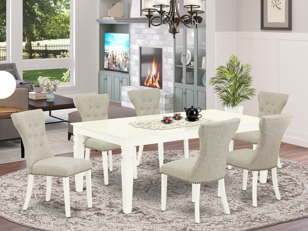 Reimagined Dining Set LGGA7-ALL-QE Expandable Table with Butterfly Leaf and 6 Taupe Linen-Upholstered Chairs, 42x84 in Linen White
