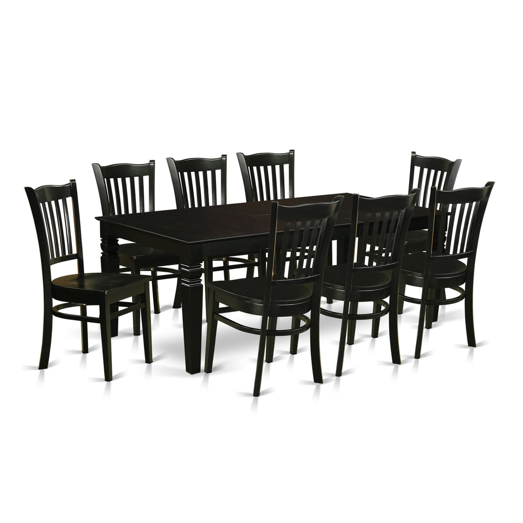 LGGR9-0E5-5 9 Pc Contemporary Wood Dining Ensemble W/ Butterfly Leaf Table & 8 Chairs, 42x84 Black
