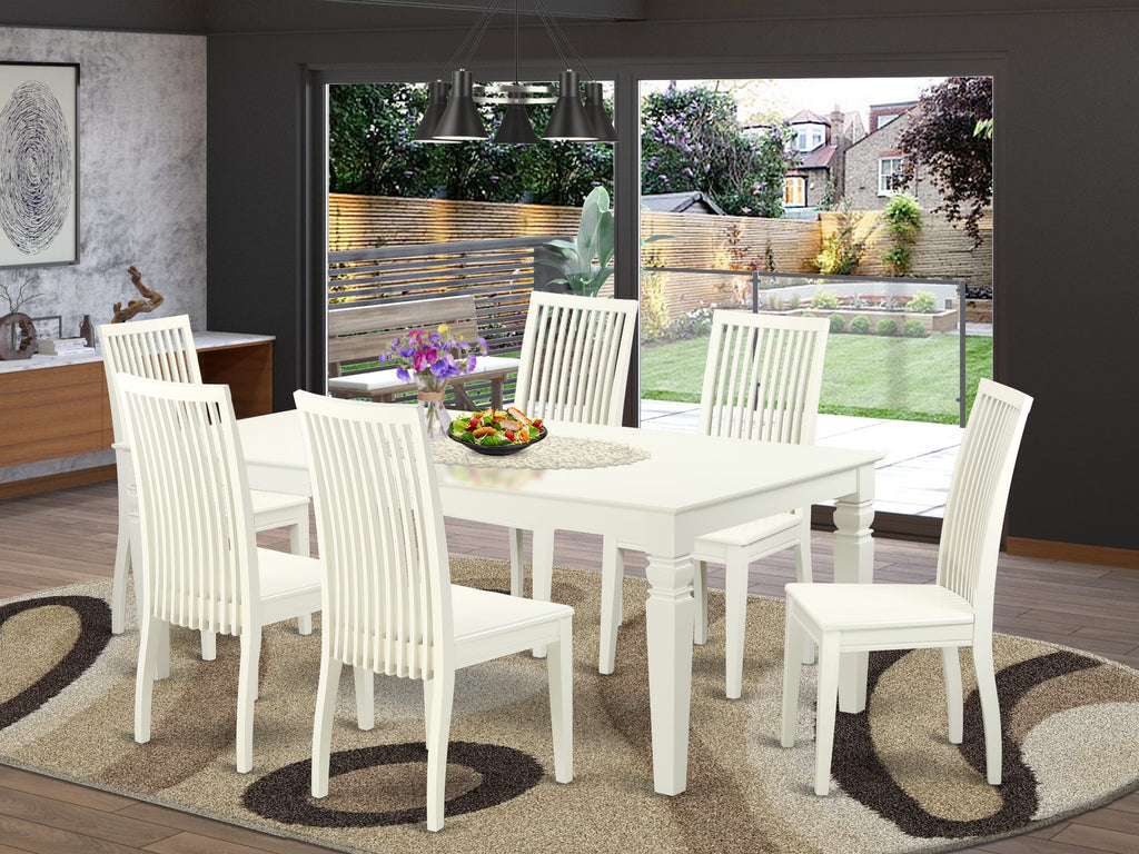 LGIP7-PKB-E 7 Piece Dining Collection with Extendable Table and 6 Wooden Chairs, 42x84 Inch, Neutral White Finish