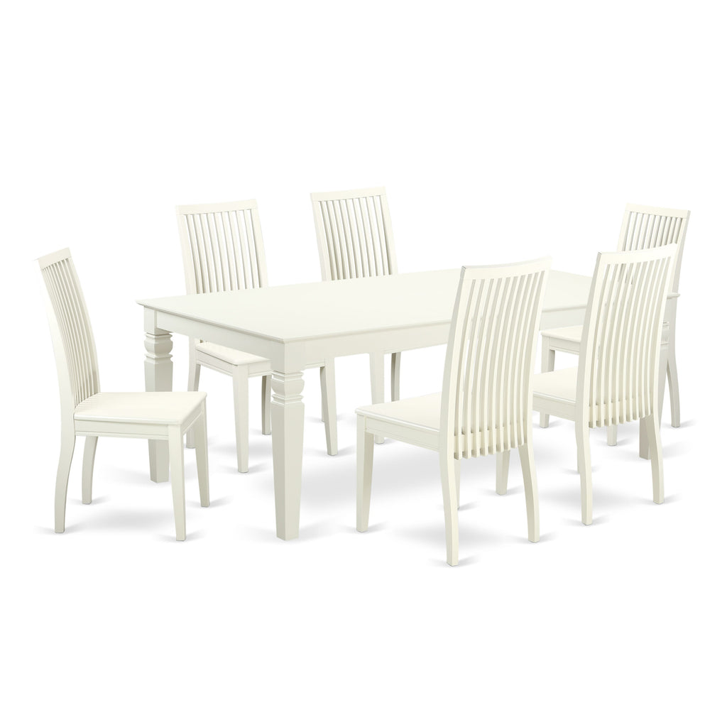 LGIP7-PKB-E 7 Piece Dining Collection with Extendable Table and 6 Wooden Chairs, 42x84 Inch, Neutral White Finish