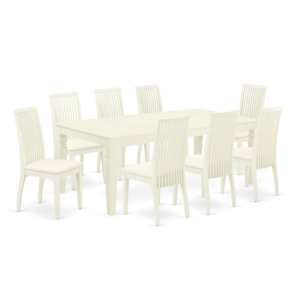 LGIP9-T0D-N 9-Piece Dining Ensemble Featuring a Rectangle Table with Butterfly Leaf & 8 Upholstered Chairs, 42x84 In, Linen White