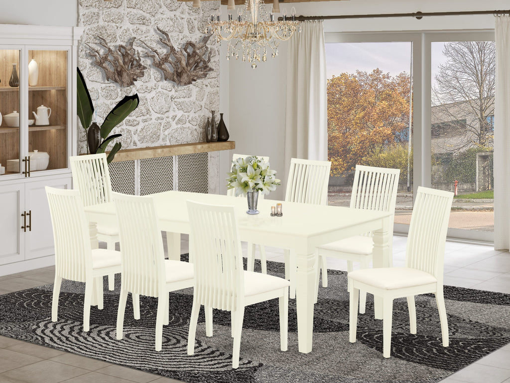 LGIP9-T0D-N 9-Piece Dining Ensemble Featuring a Rectangle Table with Butterfly Leaf & 8 Upholstered Chairs, 42x84 In, Linen White