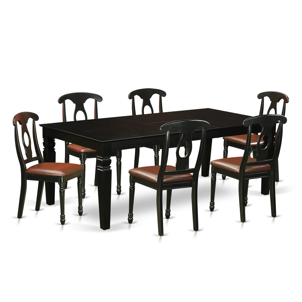 LGKE7-K1K-KW Modern 7-Piece Dining Set - Rectangular Table & 6 Faux Leather Chairs with Butterfly Leaf, 42x84 Black