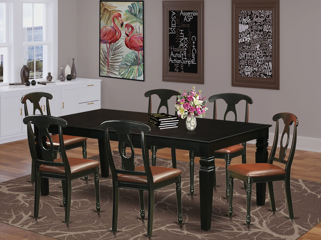 LGKE7-K1K-KW Modern 7-Piece Dining Set - Rectangular Table & 6 Faux Leather Chairs with Butterfly Leaf, 42x84 Black