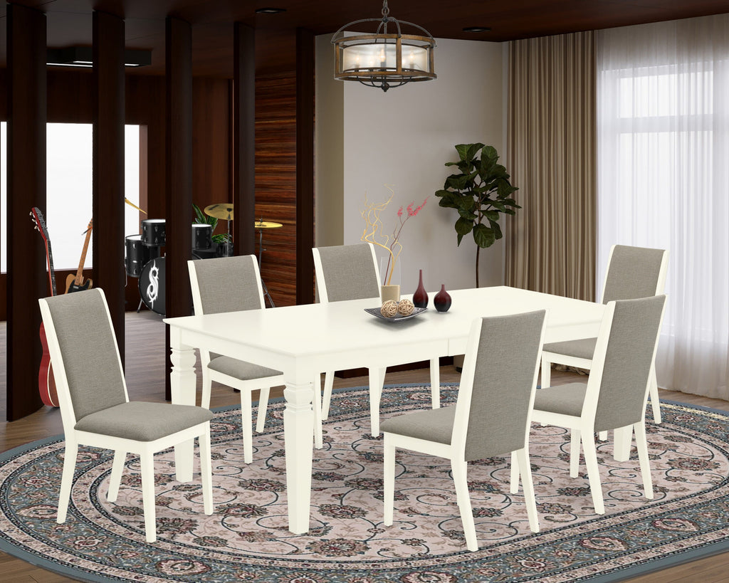 LGLA7-DXO-W3 7-Piece Dining Ensemble with Expanding Table & 6 Upholstered Chairs, 42x84 Inch, Light White Finish