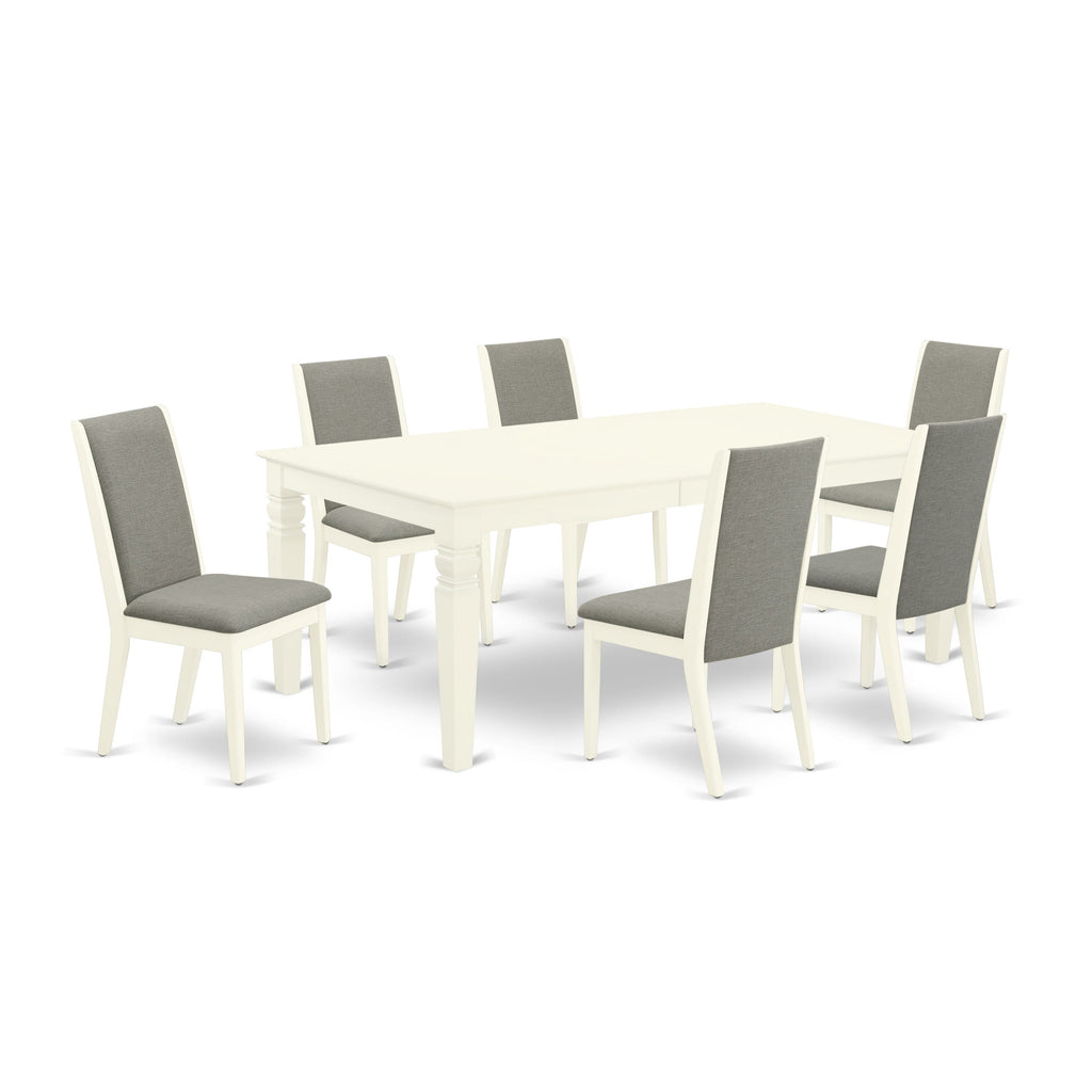 LGLA7-DXO-W3 7-Piece Dining Ensemble with Expanding Table & 6 Upholstered Chairs, 42x84 Inch, Light White Finish