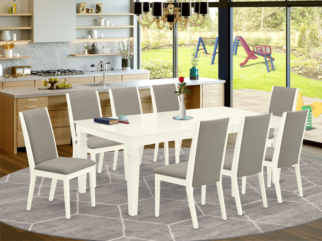LGLA9-W92-C4 9-Piece Dining Ensemble with Shitake Upholstered Parsons and Expandable Table, Rustic White Finish, 42x84