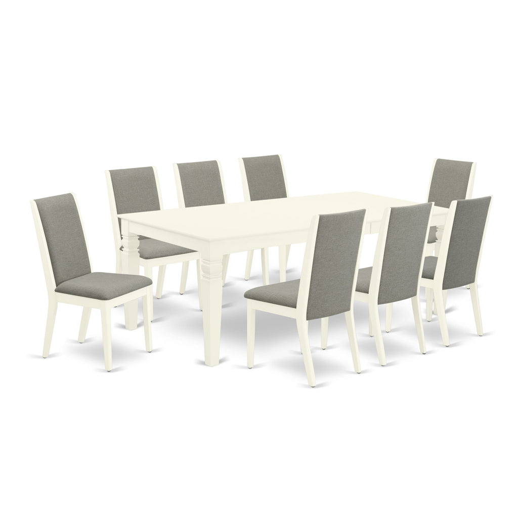 LGLA9-W92-C4 9-Piece Dining Ensemble with Shitake Upholstered Parsons and Expandable Table, Rustic White Finish, 42x84