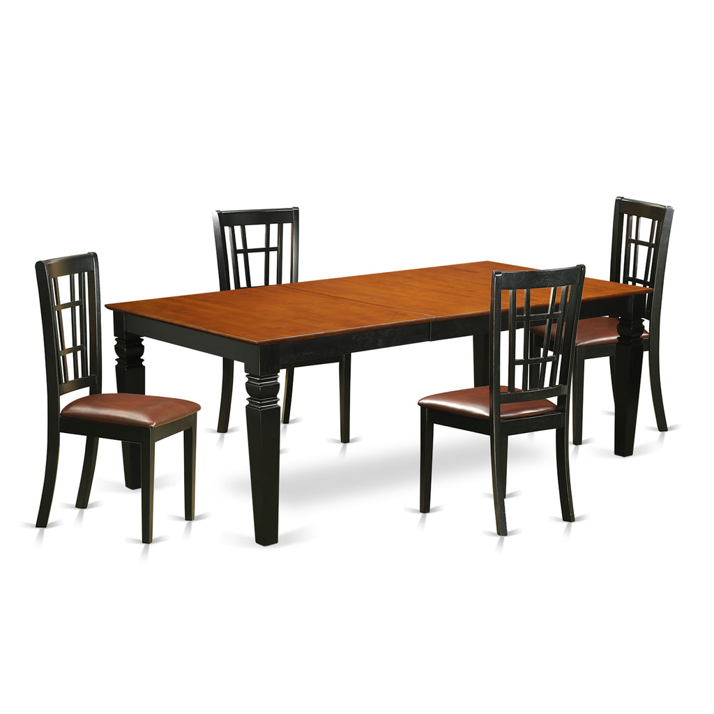 LGNI5-RBA-9X 5-Piece Rectangle Dining Ensemble with Leaf Extension & 4 Faux Leather Seats, Black & Cherry, 42x84