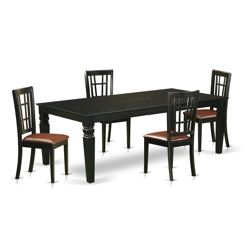 LGNI5-2LJ-UX 5-Piece Dining Set with Butterfly Leaf Table and 4 Faux Leather Chairs, Black - 42x84