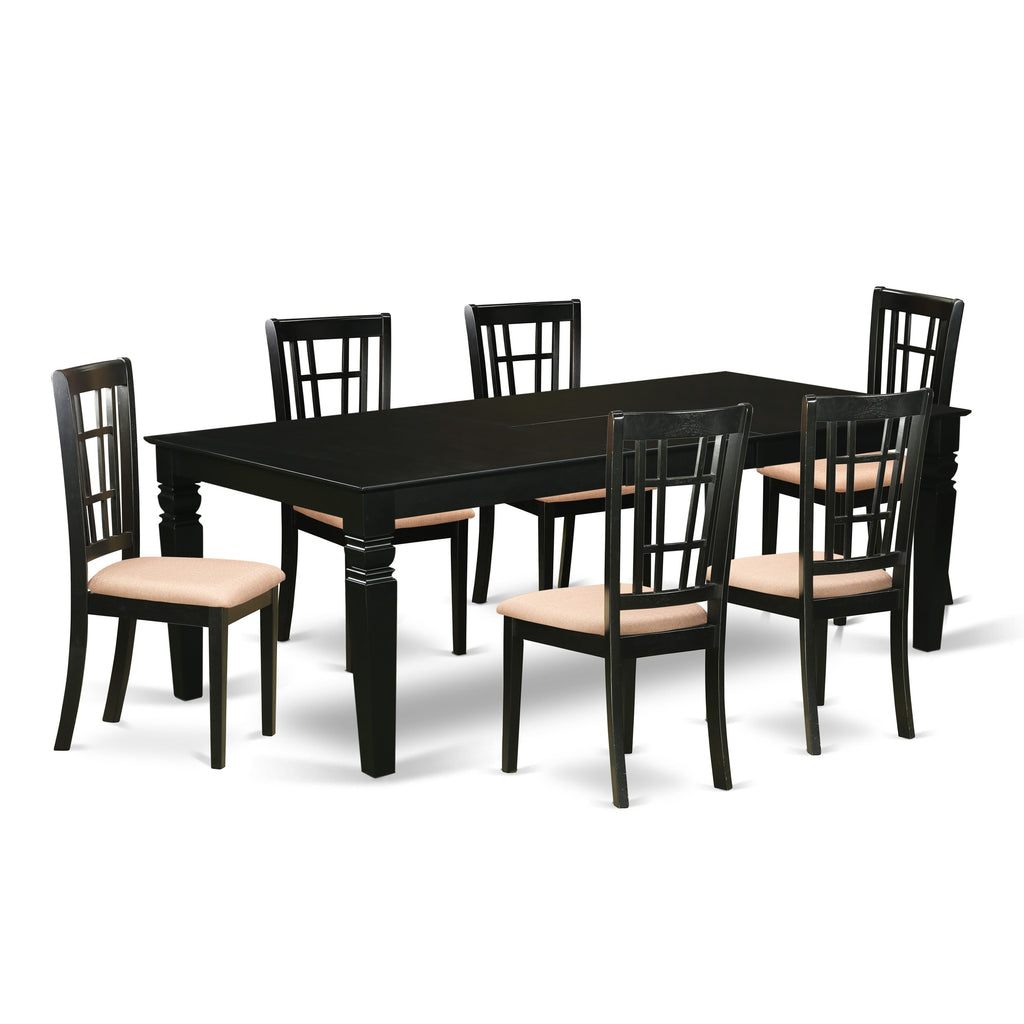 LGNI7-EDO-H 7-Piece Dining Table Ensemble with Extending Top and 6 Linen Upholstered Chairs, Black, 42x84 Inch