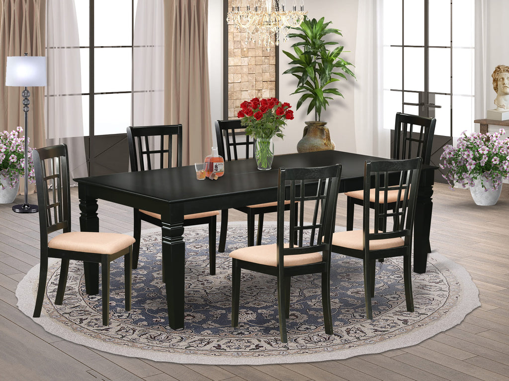 LGNI7-EDO-H 7-Piece Dining Table Ensemble with Extending Top and 6 Linen Upholstered Chairs, Black, 42x84 Inch