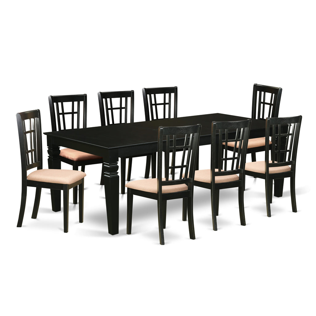LGNI9-WH3-3 Elegant 9-Piece Dining Set with Expandable Table and Upholstered Linen Chairs, Featuring Butterfly Leaf in Alluring Black, 42x84 Inch