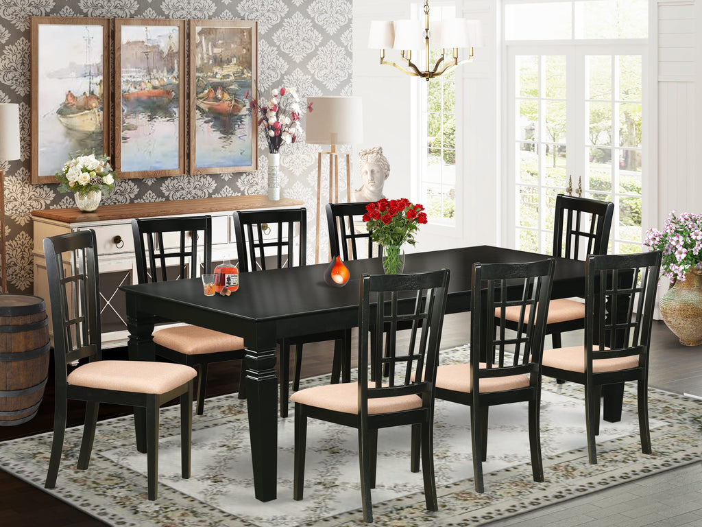 LGNI9-WH3-3 Elegant 9-Piece Dining Set with Expandable Table and Upholstered Linen Chairs, Featuring Butterfly Leaf in Alluring Black, 42x84 Inch