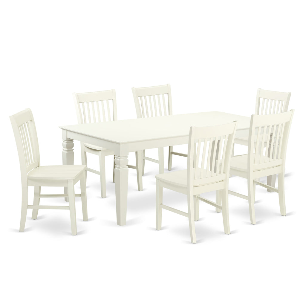 LGNO7-ZKF-C Deluxe 7-Piece Dining Room Set with Rectangular Butterfly Leaf Table & 6 Classic Wooden Chairs, 42x84, in Elegant White Finish