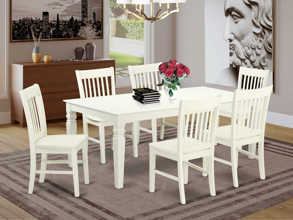 LGNO7-ZKF-C Deluxe 7-Piece Dining Room Set with Rectangular Butterfly Leaf Table & 6 Classic Wooden Chairs, 42x84, in Elegant White Finish