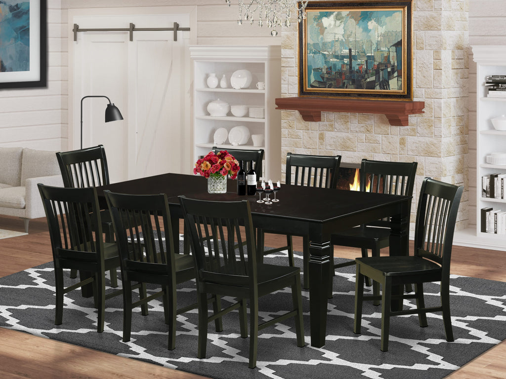 LGNO9-VQL-G 9-Piece Dining Ensemble Rectangular Table with Butterfly Leaf & 8 Chairs, Black
