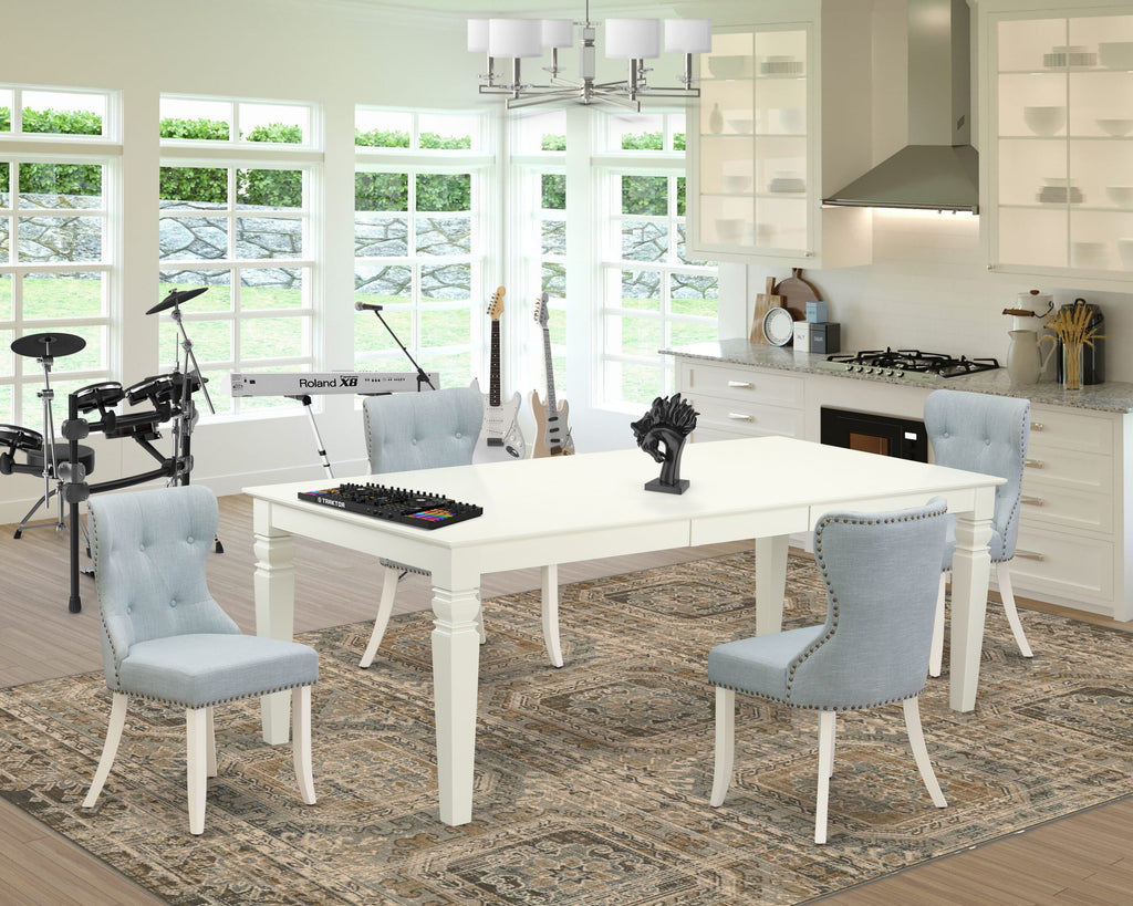 LGSI5-HOB-6M 5 Piece Dining Set in Linen White with 4 Aqua Fabric Parson Chairs and Extendable Table