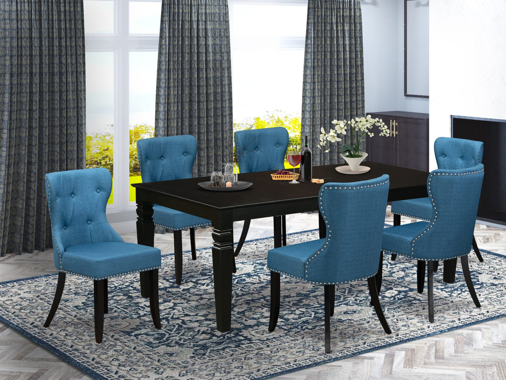 LGSI7-DQD-P2 Luxurious 7 Pc Dining Set with Expandable Table & 6 Elegant Blue Chairs, 42x84 Inch, Jet Black