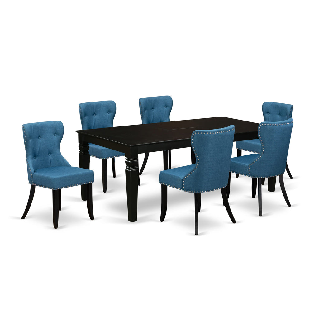 LGSI7-DQD-P2 Luxurious 7 Pc Dining Set with Expandable Table & 6 Elegant Blue Chairs, 42x84 Inch, Jet Black