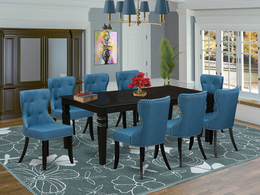 Complete Dining Set LGSI9-6NR-IF with Extending Table and 8 Chairs in Black and Blue 42x84