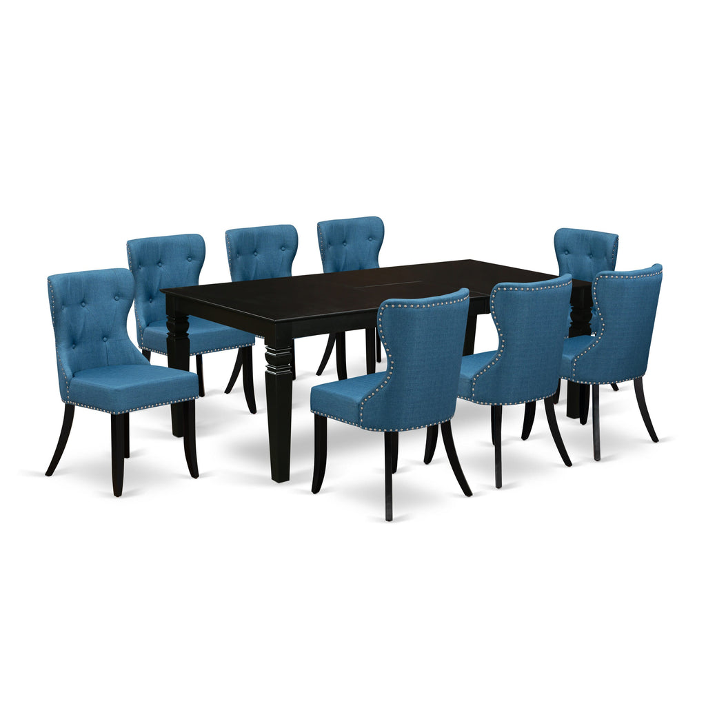 Complete Dining Set LGSI9-6NR-IF with Extending Table and 8 Chairs in Black and Blue 42x84