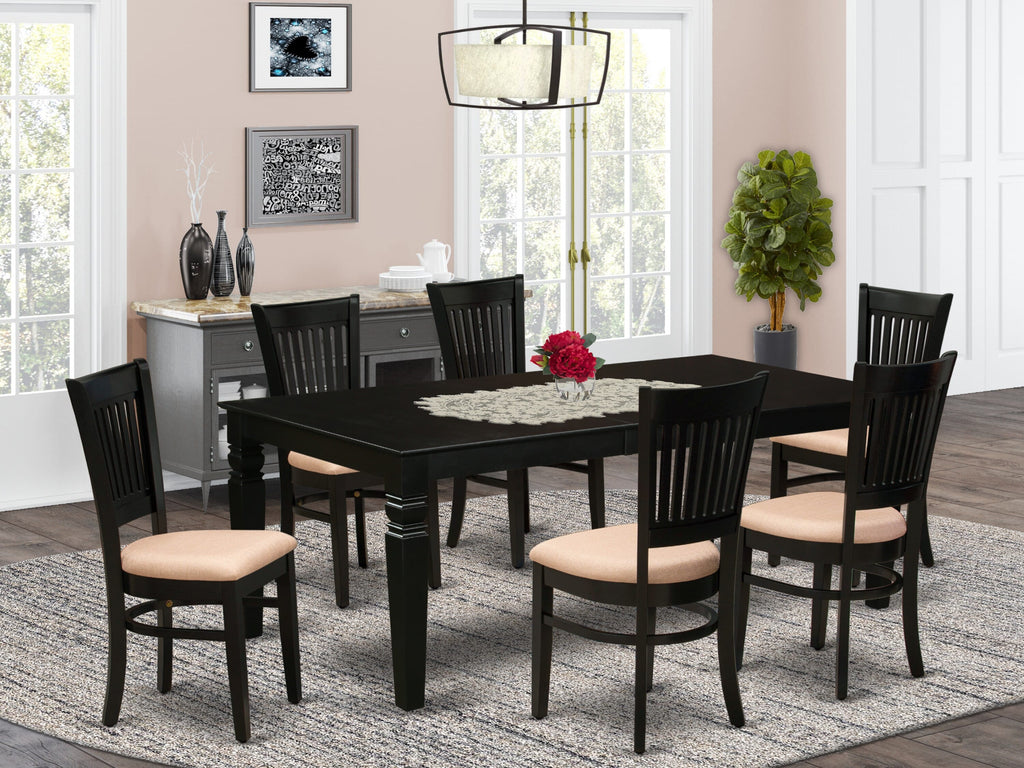 LGVA7-HKX-4 Contemporary Dining Ensemble 7-Piece Rectangular Wooden Table Set with Expandable Butterfly Leaf and Six Linen Upholstered Chairs, Black 42x84