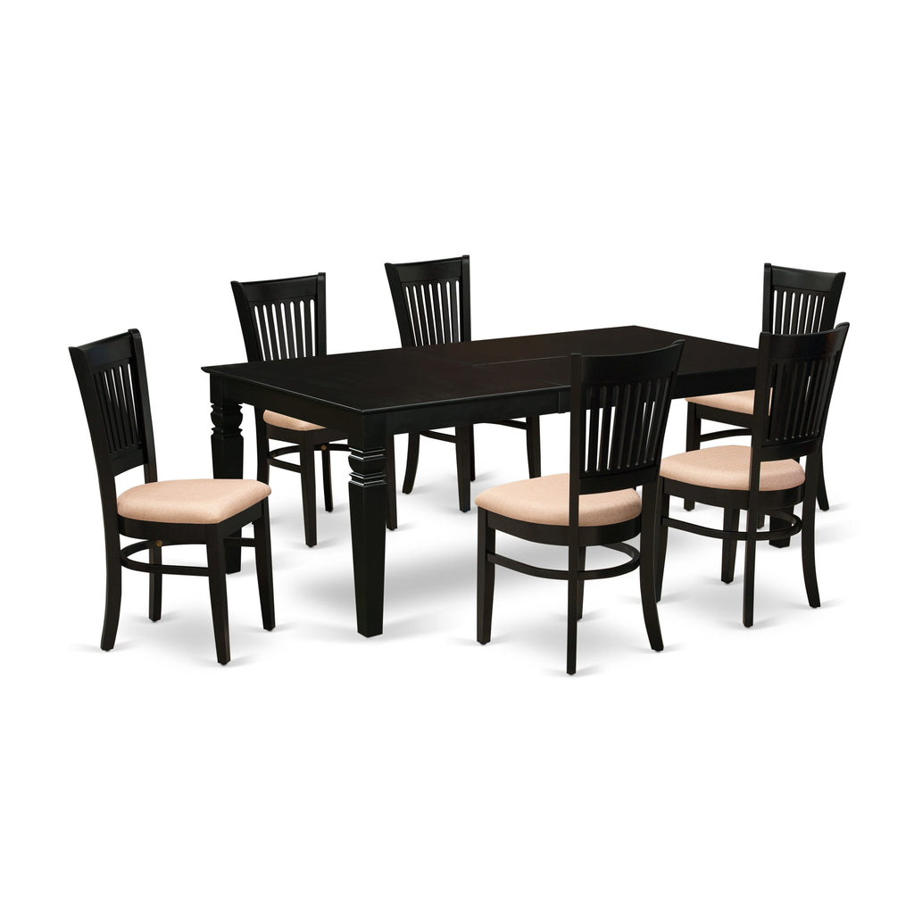 LGVA7-HKX-4 Contemporary Dining Ensemble 7-Piece Rectangular Wooden Table Set with Expandable Butterfly Leaf and Six Linen Upholstered Chairs, Black 42x84