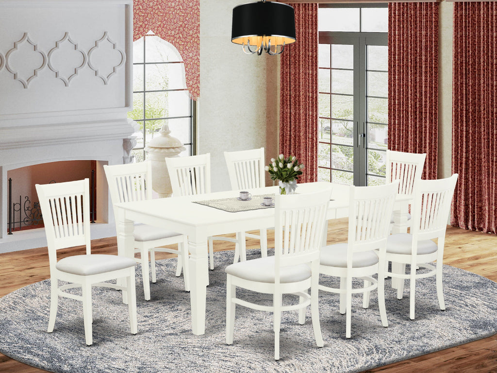LGVA9-LNW-G 9-Piece Dining Ensemble Rectangular Table with Butterfly Extension & 8 Upholstered Linen Chairs, 42x84 Inch, White