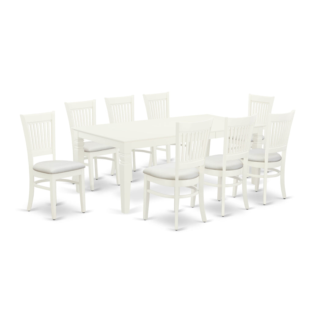 LGVA9-LNW-G 9-Piece Dining Ensemble Rectangular Table with Butterfly Extension & 8 Upholstered Linen Chairs, 42x84 Inch, White