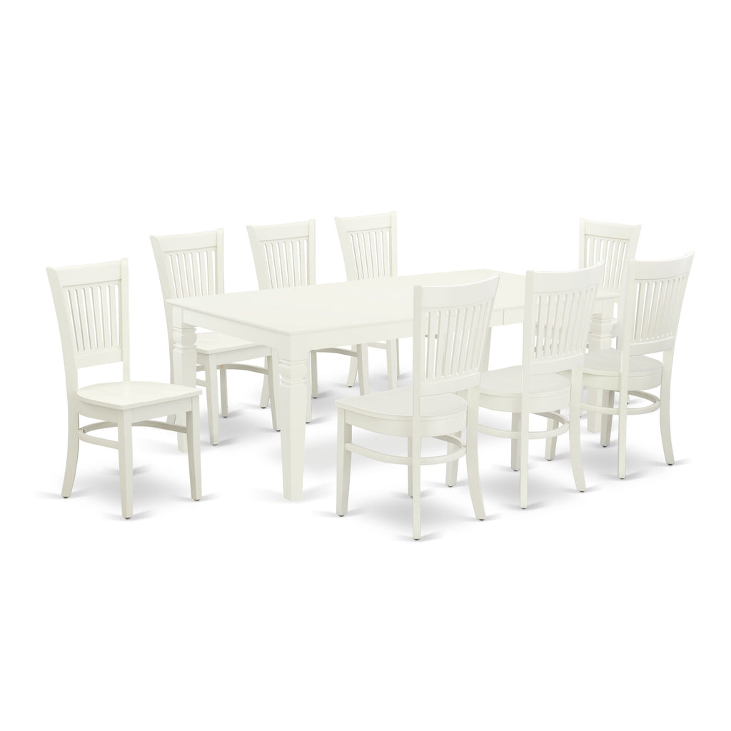 LGVA9-TR1-U 9-Piece Dining Set with Expanding Table and 8 Wooden Chairs for Elegant Spaces, 42x84 Inch, Linen White