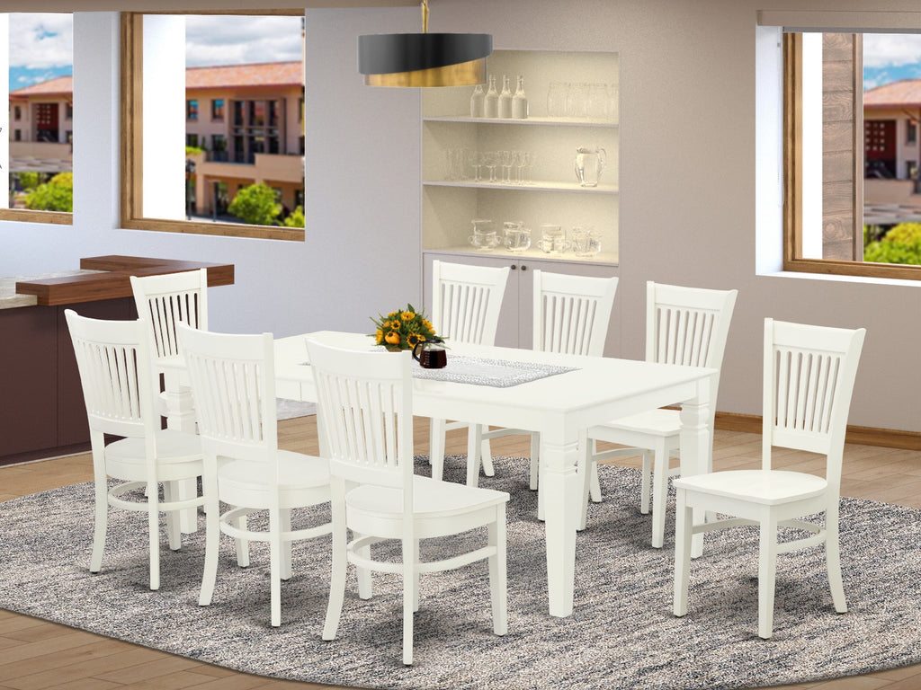 LGVA9-TR1-U 9-Piece Dining Set with Expanding Table and 8 Wooden Chairs for Elegant Spaces, 42x84 Inch, Linen White