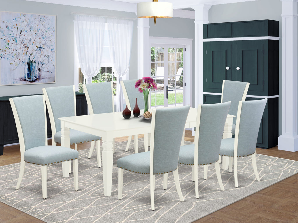 LGVE9-6QE-5K Wooden Table Set with Extension Feature for Dining Area and 8 Upholstered Blue Chairs
