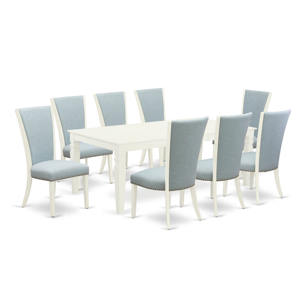 LGVE9-6QE-5K Wooden Table Set with Extension Feature for Dining Area and 8 Upholstered Blue Chairs